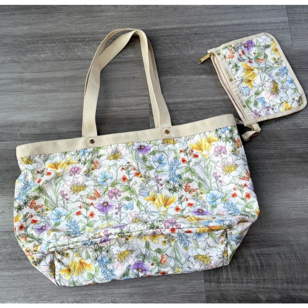 LeSportsac Floral Tote Bag & Matching Pouch Set Ivory Botanical Print Cottage